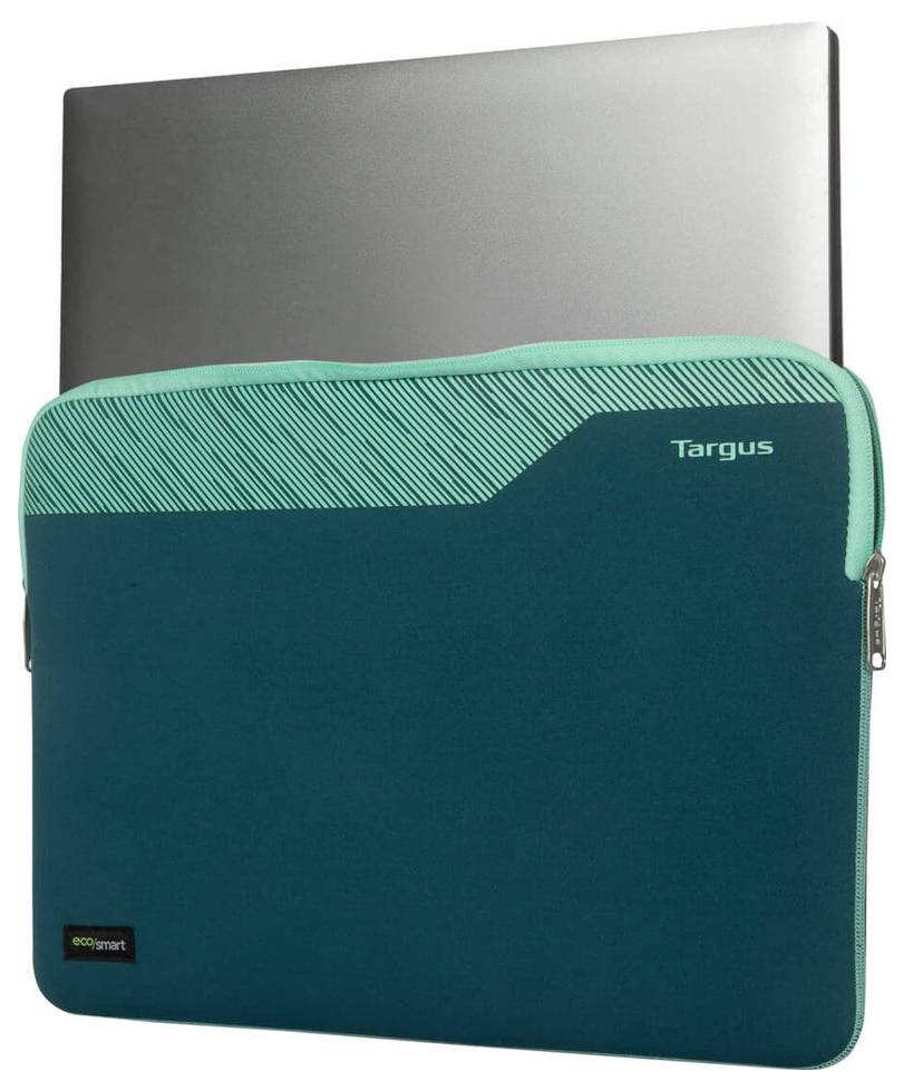 Laptop v tyrkysovém ochranném obalu od značky Targus. Obal má zip a štítek 'ecosmart'.