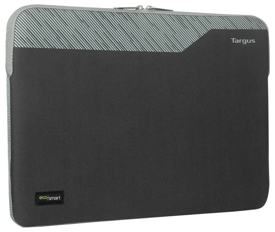Černý obal na notebook s modrým pruhovaným vzorem a logem 'Targus' v pravém horním rohu. V levém dolním rohu je logo 'ecosmart'.