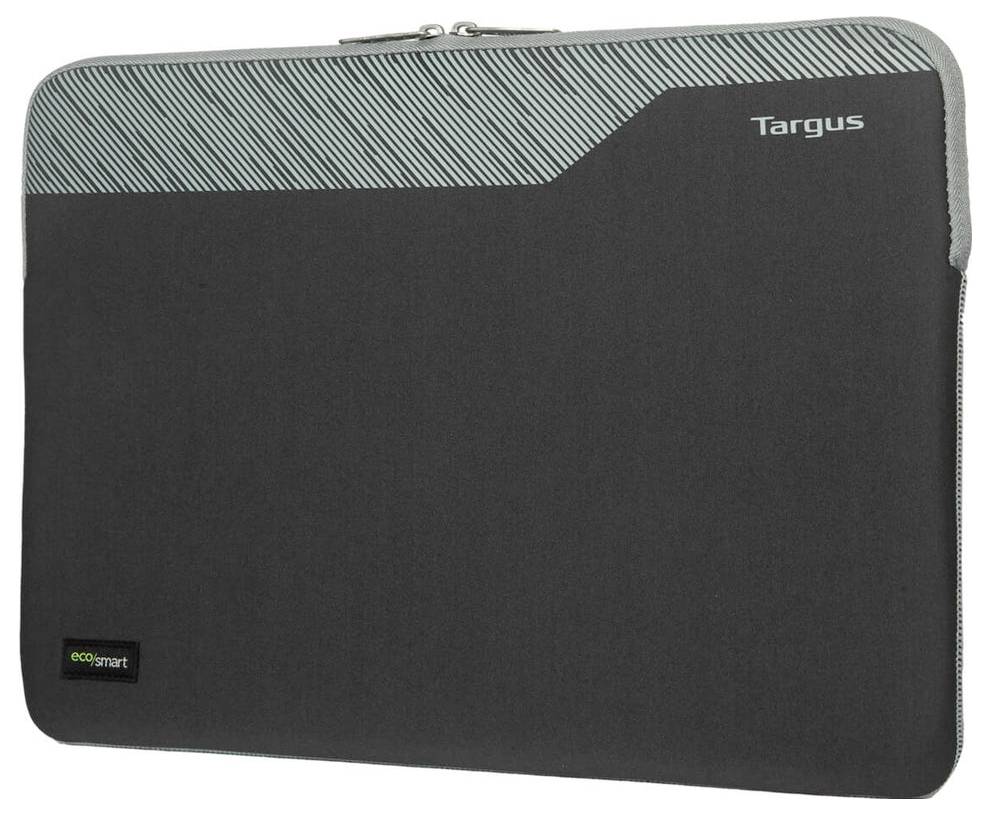 Černá taška na notebook od firmy Targus s diagonálním pruhovaným vzorem v horní levé části a malým logem 'ecosmart' v dolní levé části.