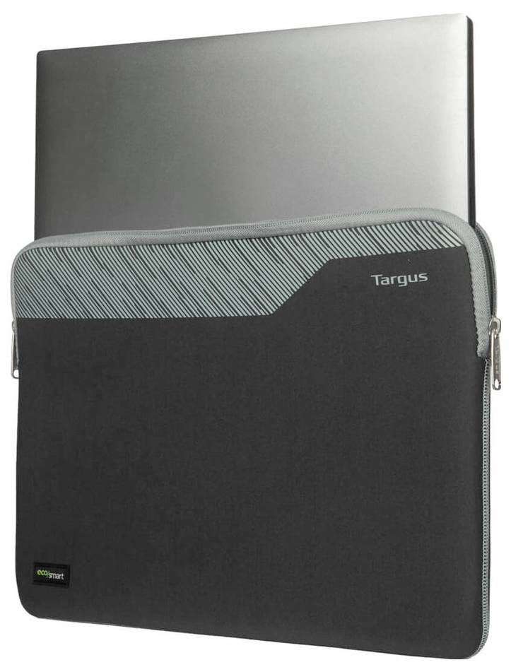 Šedá laptopová taška se zipem, částečně otevřená, odhaluje stříbrný notebook uvnitř.