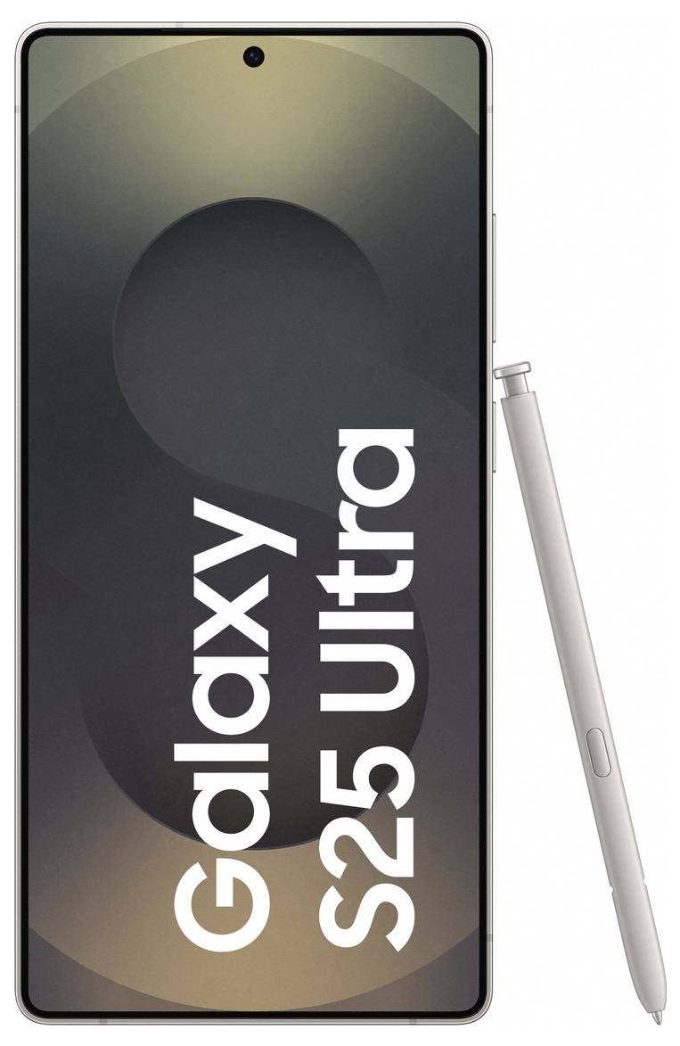 Smartphone Galaxy S25 Ultra ve stříbrné barvě s perem vedle. Na displeji je napsáno 'Galaxy S25 Ultra'.