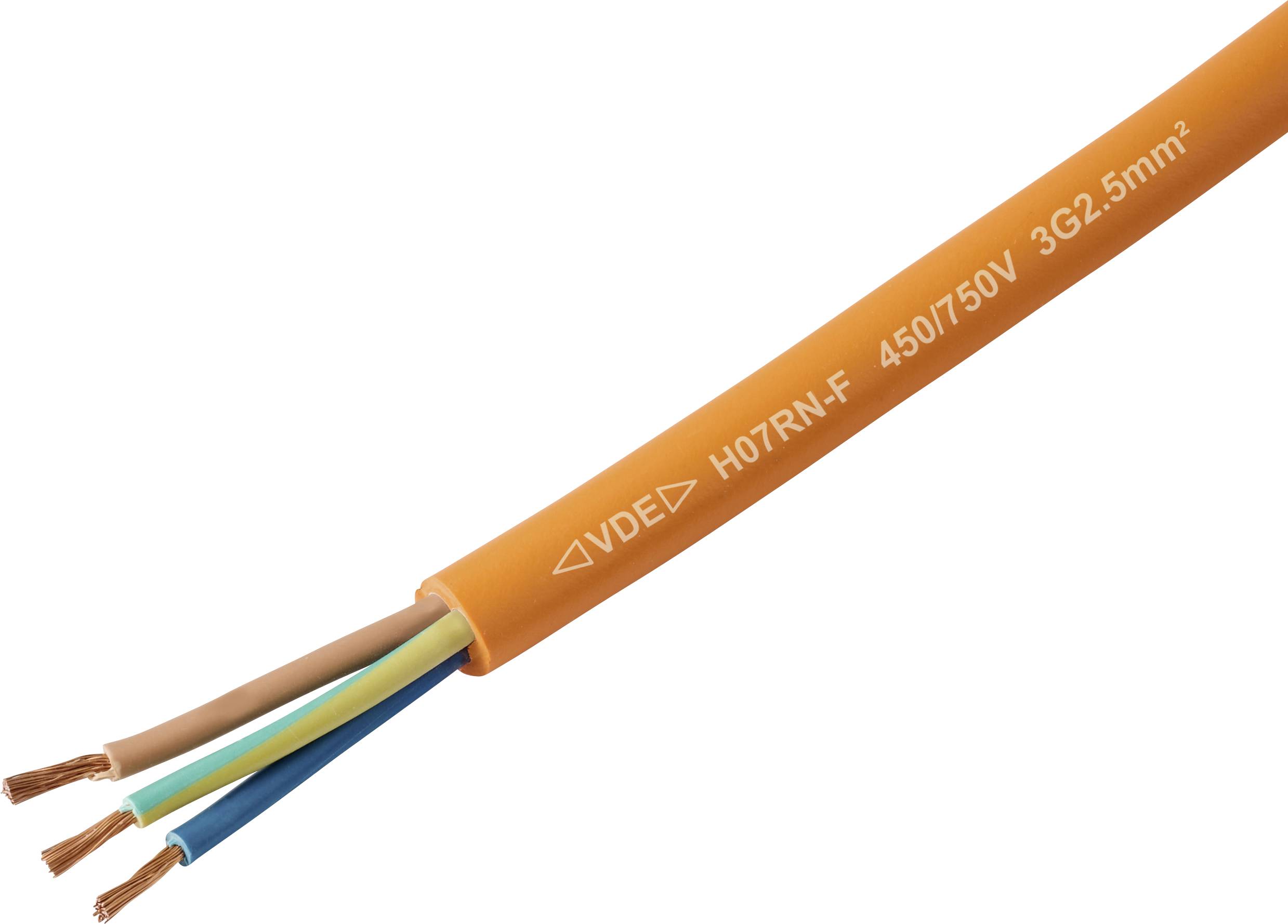 Oranžový elektrický kabel se třemi odkrytými měděnými vodiči, označený štítkem 'H07RN-F 450/750V 3G2.5mm²', používaný pro napájecí připojení.