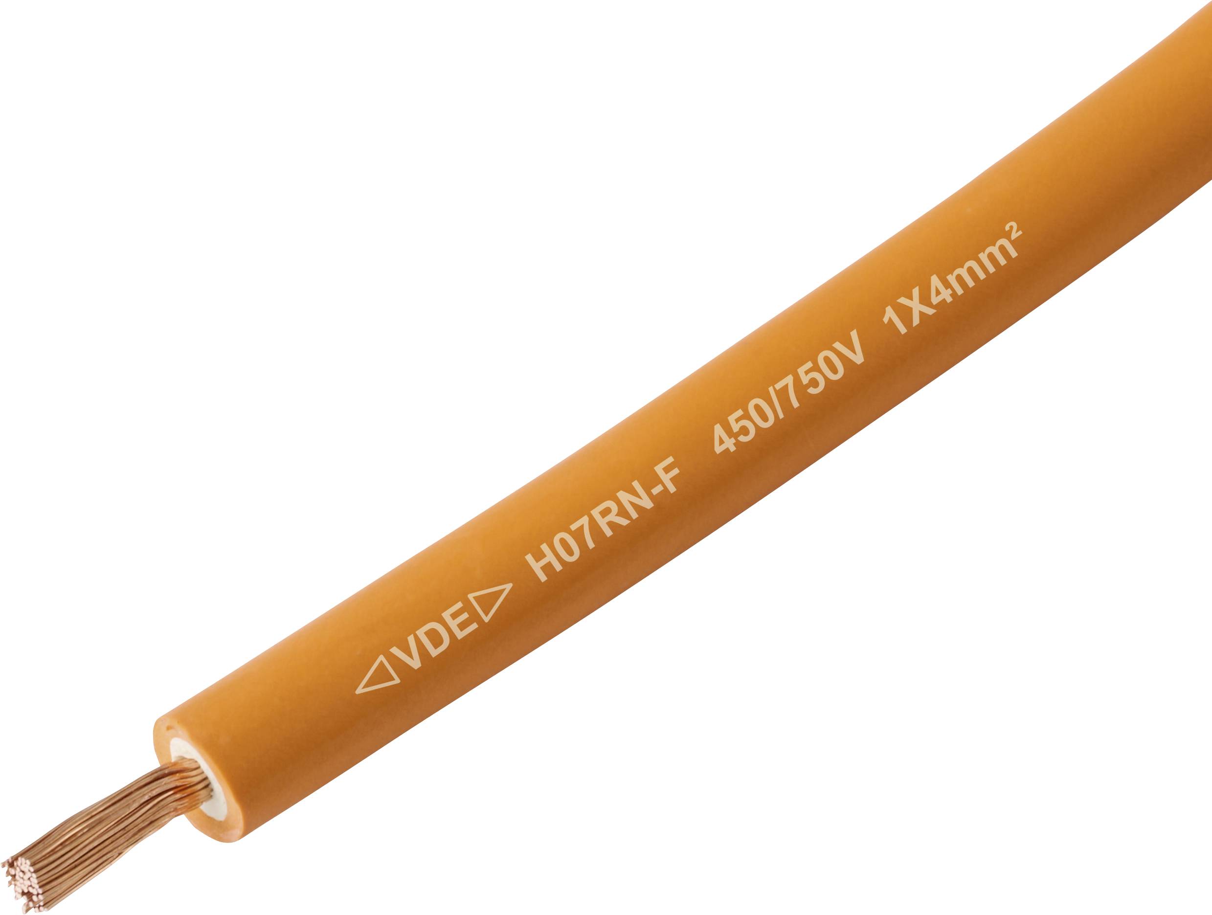 Oranžový kabel VDE H07RN-F s viditelným měděným vodičem, označený štítkem '450/750V 1x4mm²', který uvádí elektrické specifikace a typ.