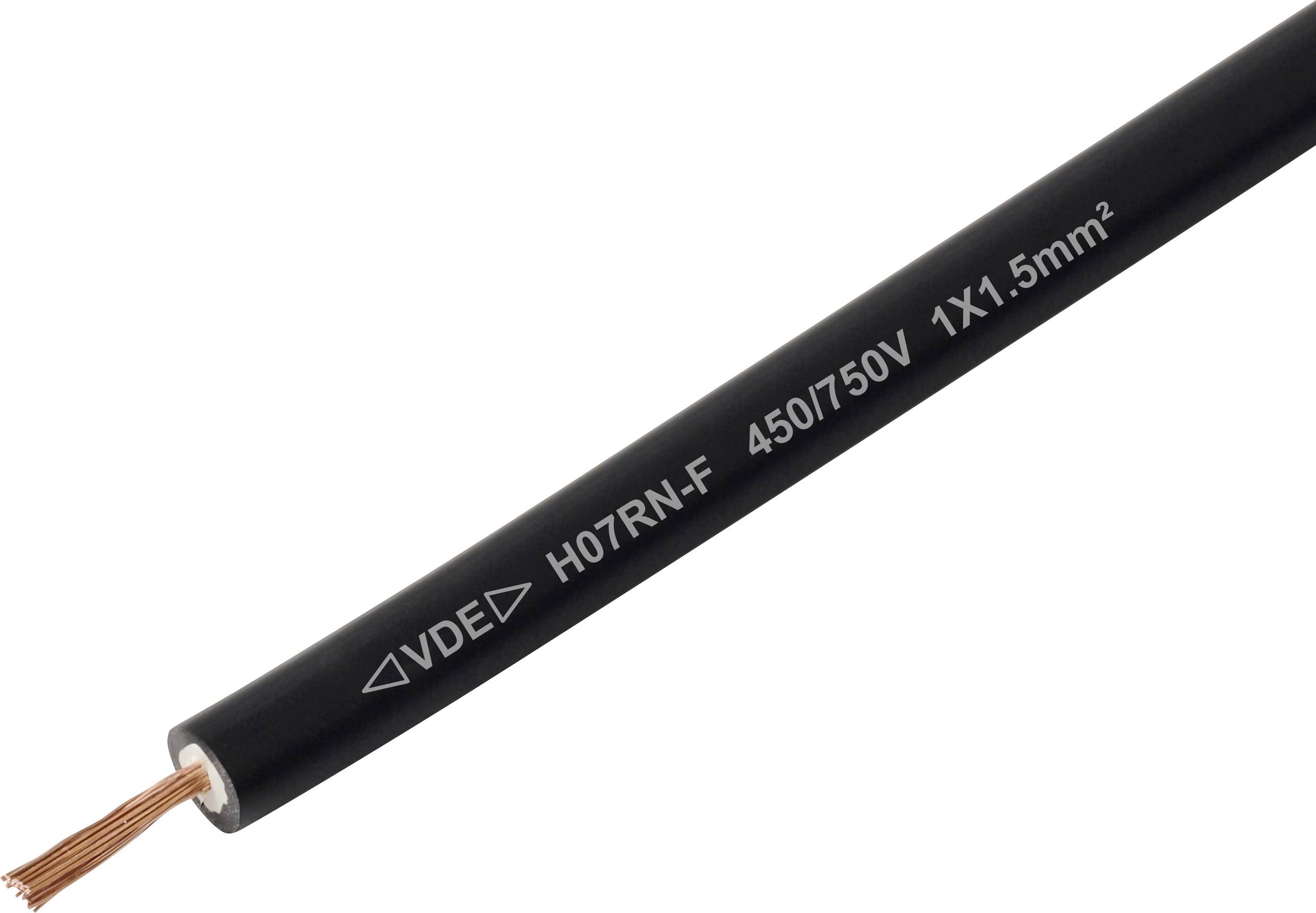 Černý elektrický kabel označený štítkem 'VDE H07RN-F 450/750V 1X1.5mm²', který na jednom konci odhaluje měděné vodiče a zobrazuje specifikace napětí a velikosti.