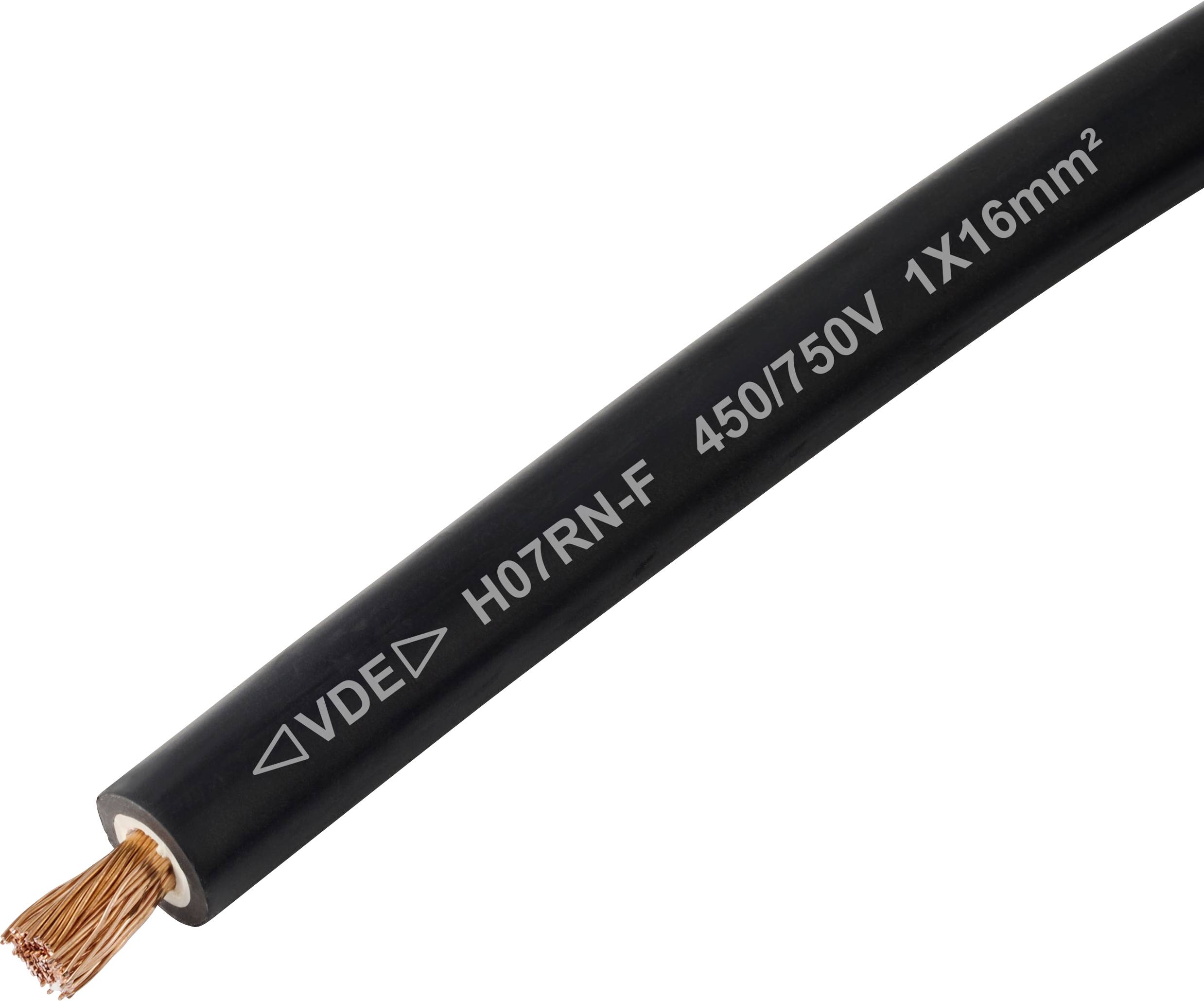 Černý elektrický kabel označený 'VDE H07RN-F 450/750V 1X16mm²' s viditelnými měděnými drátky na rozříznutém konci.