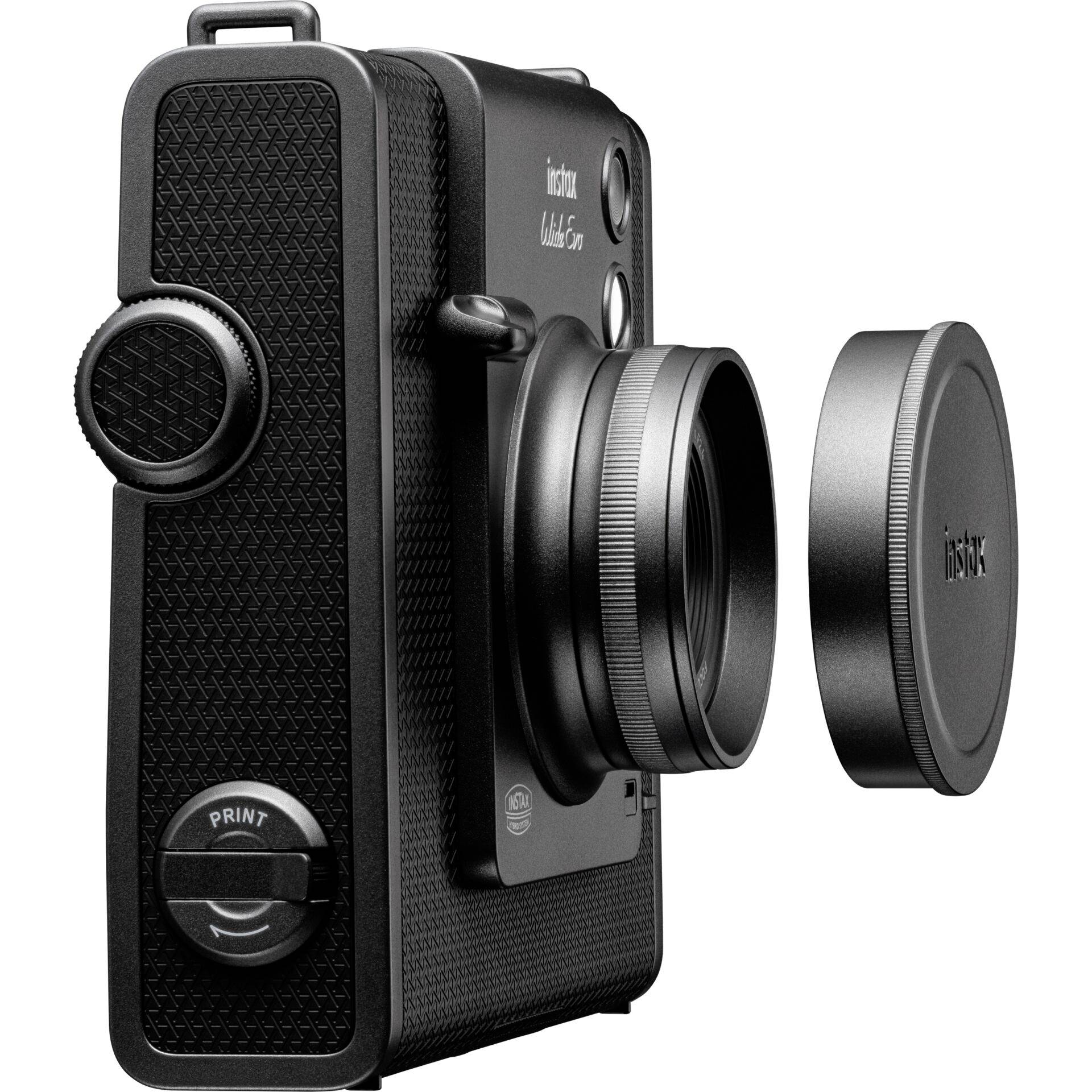 Instantní fotoaparát v elegantním černém provedení s odnímatelným krytem objektivu a funkcí tisku, ideální pro spontánní fotografování.