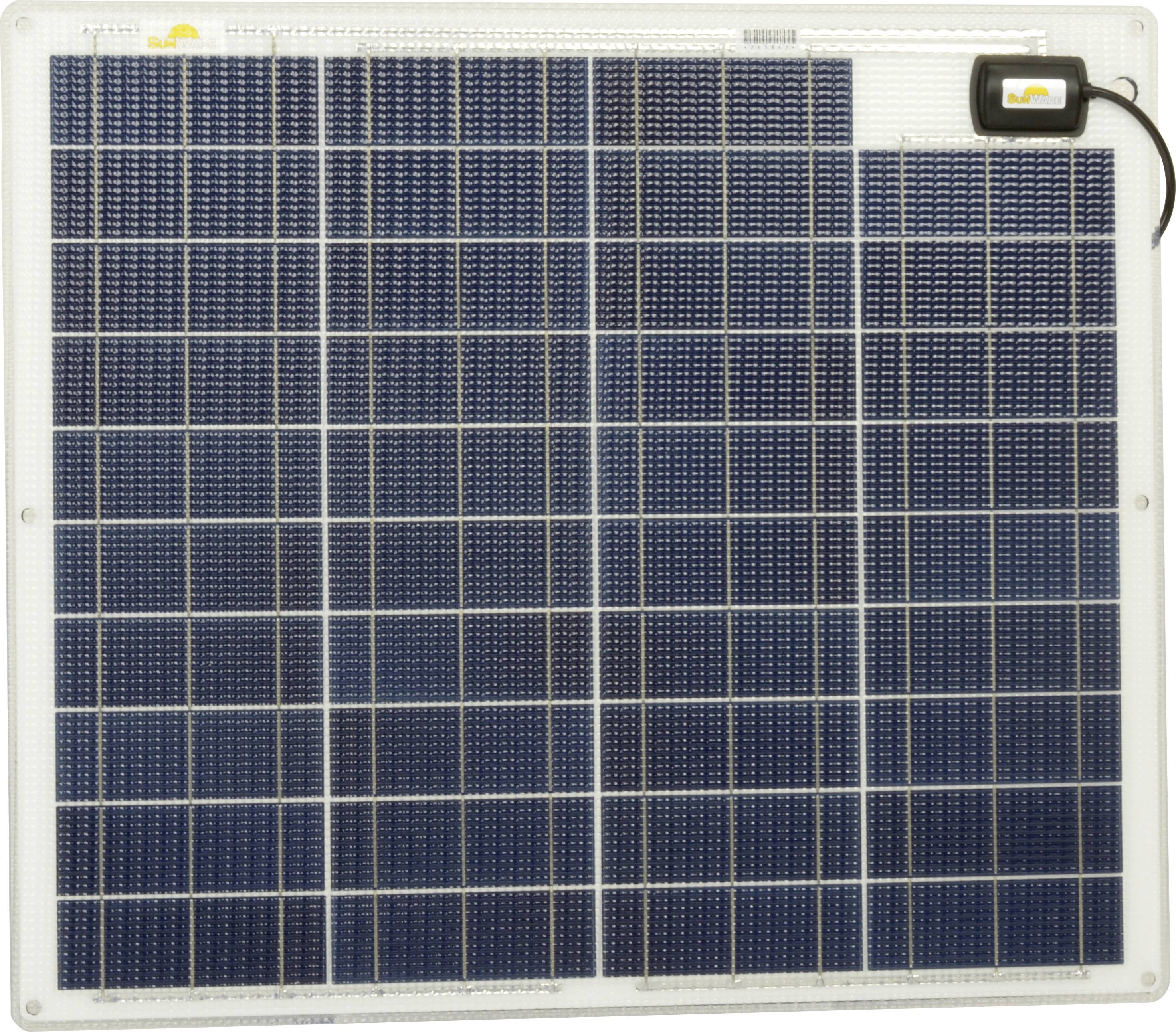 Solární panel s obdélníkovými modrými články. Nahoře vpravo je viditelný menší modul s připojovacím kabelem.