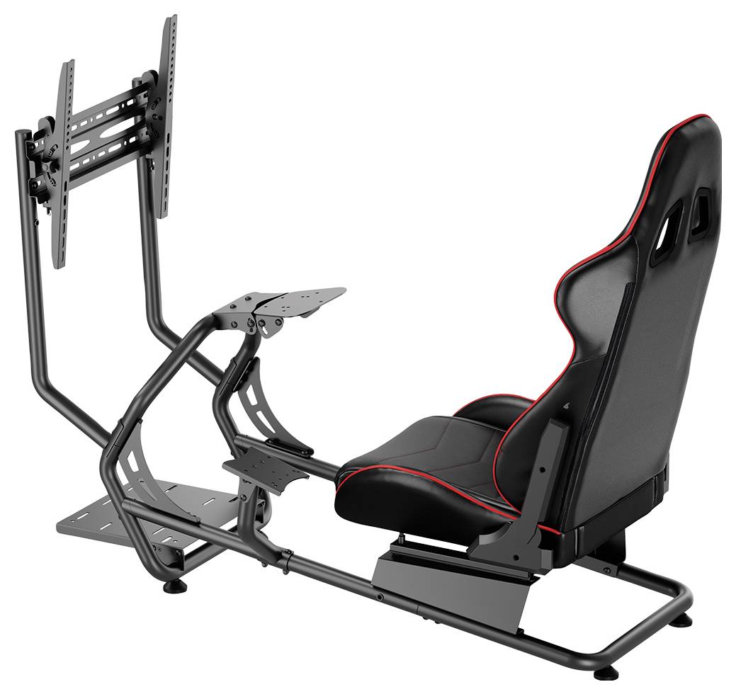Černý sedák závodního simulátoru s červeným prošíváním, umístěný na kovovém rámu, připravený pro instalaci monitoru a volantu.