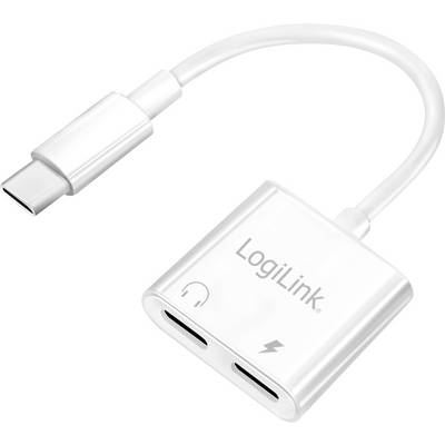 Adaptér s USB-C konektorem a dvěma zdířkami: jedna pro sluchátka (symbol sluchátek) a jedna pro napájení (symbol blesku), značka 'LogiLink'.
