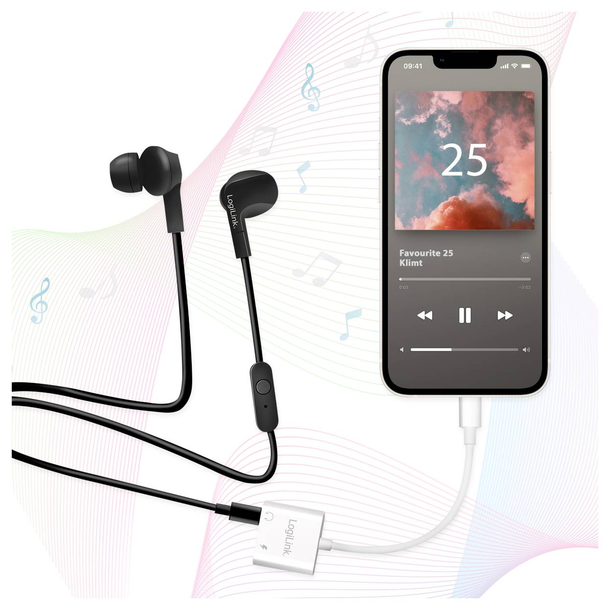 Chytrý telefon zobrazuje hudební přehrávač s písní 'Favourite 25' od Klimta. Sluchátka jsou připojena k zařízení.