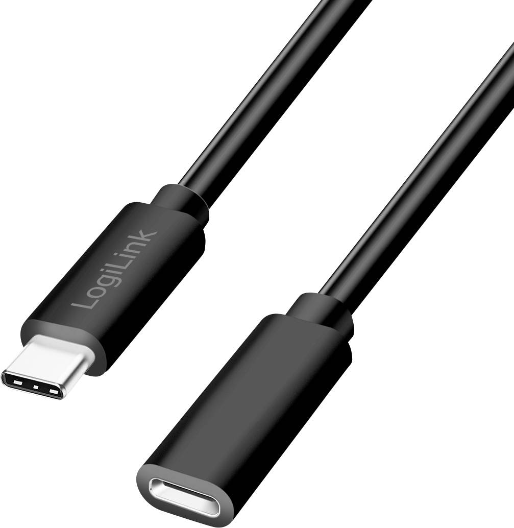 Černý prodlužovací USB-C kabel od společnosti LogiLink s konektory samec a samice, izolovaný na bílém pozadí.