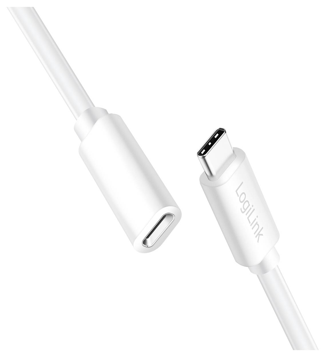 Bílý adaptérový kabel USB-C od LogiLink s oboustranným konektorem, vhodný pro propojení zařízení s USB-C porty.