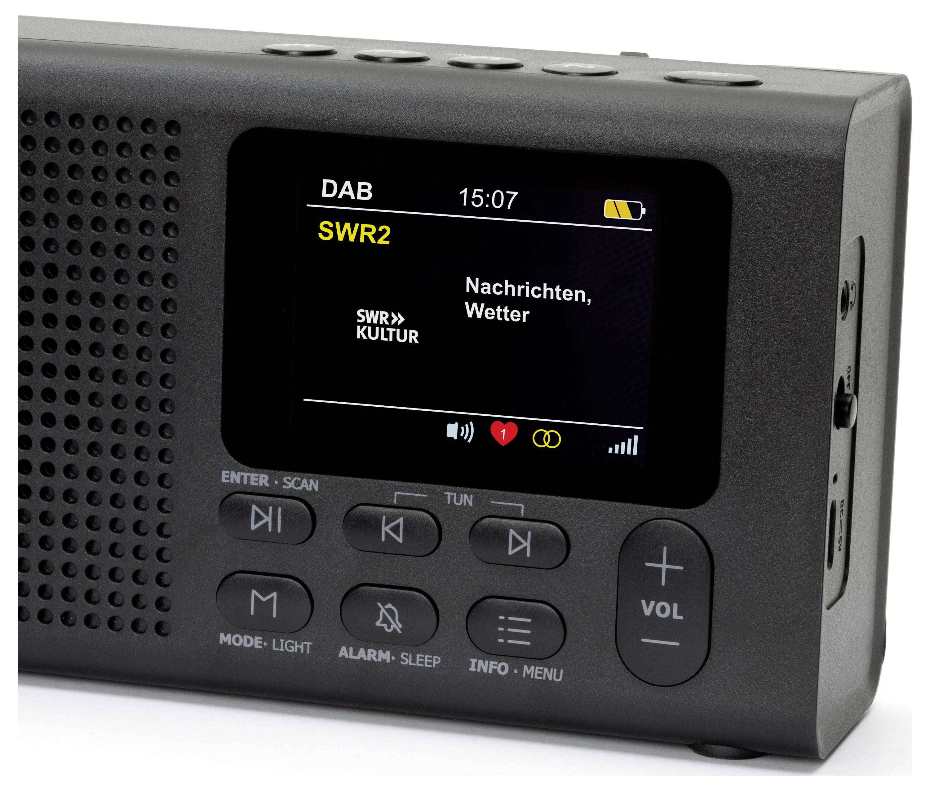 Černé DAB rádio zobrazuje na displeji: 'SWR2, Zprávy, Počasí'. Nahoře vpravo je vidět čas 15:07.