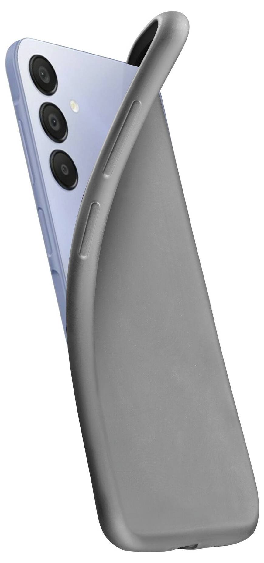 Smartphone v napůl nasazené šedé obalu. Na zadní straně zařízení jsou viditelné tři objektivy fotoaparátu.