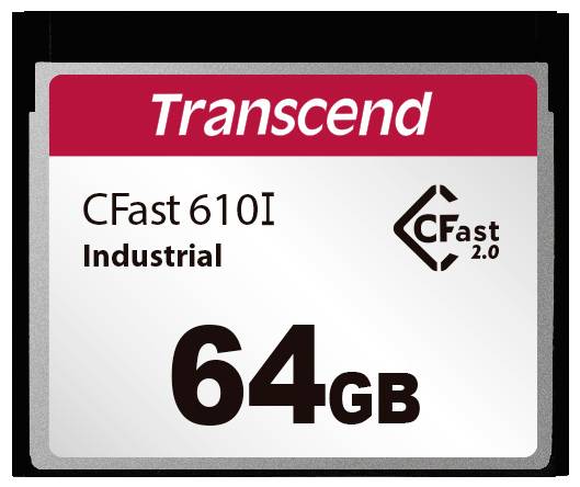 Paměťová karta 'Transcend CFast 610I Industrial 64GB' s červeným logem značky nahoře. Vhodná pro průmyslové aplikace.