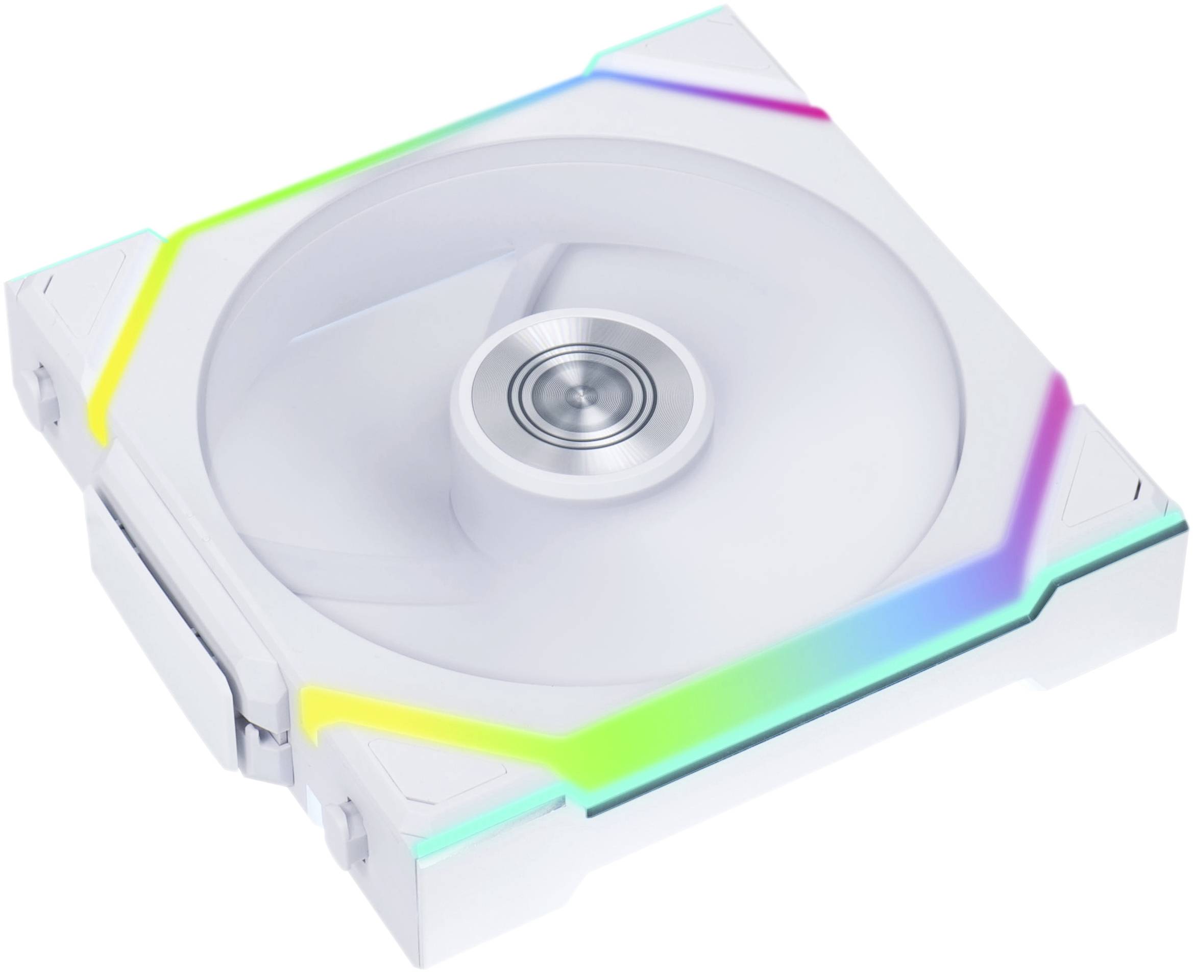 Bílý počítačový ventilátor skříně s osvětlenými RGB-LED diodami v různých barvách po okrajích.