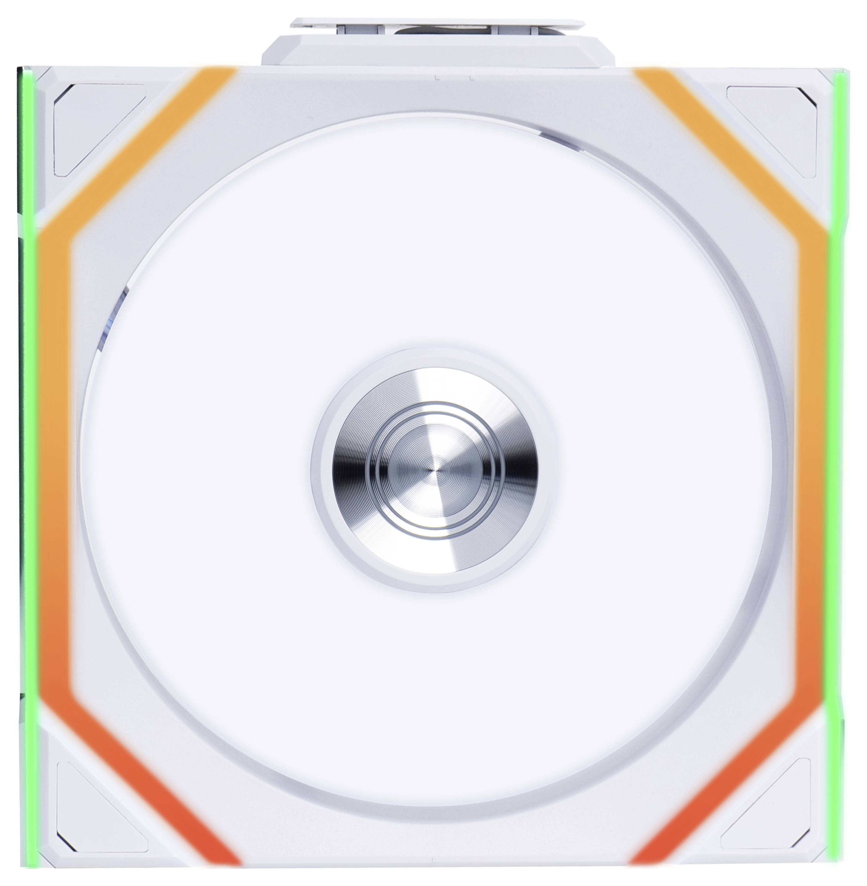 Bílý držák na CD nebo DVD s oranžovými a zelenými akcentními prvky v rozích.