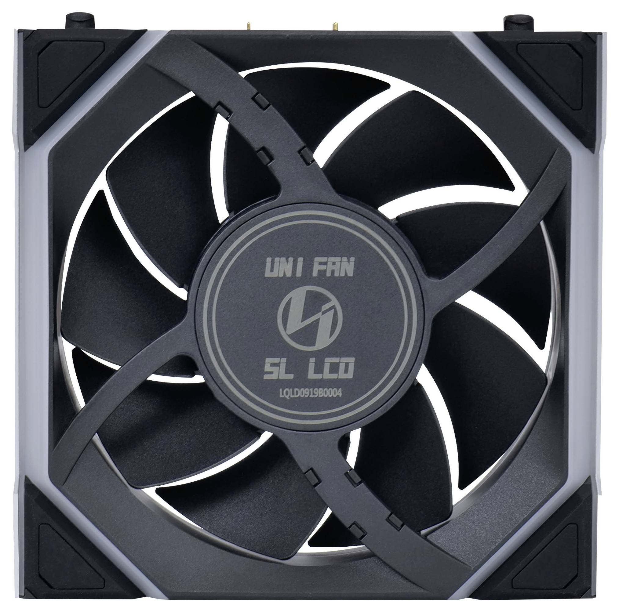 Počítačový chladič s ventilátorem v černém provedení s devíti lopatkami, uprostřed s nápisem 'UNI FAN SL LCD'.