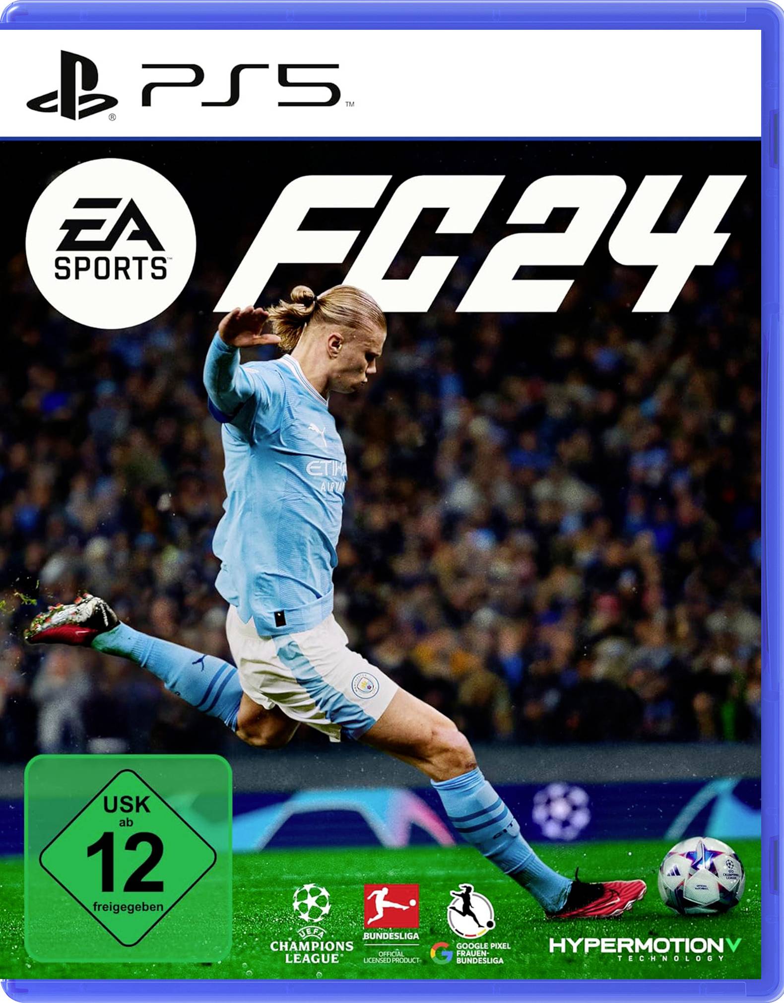 Osoba v světle modrém fotbalovém dresu kope míč. Obálka videohry 'FC 24' pro PS5.