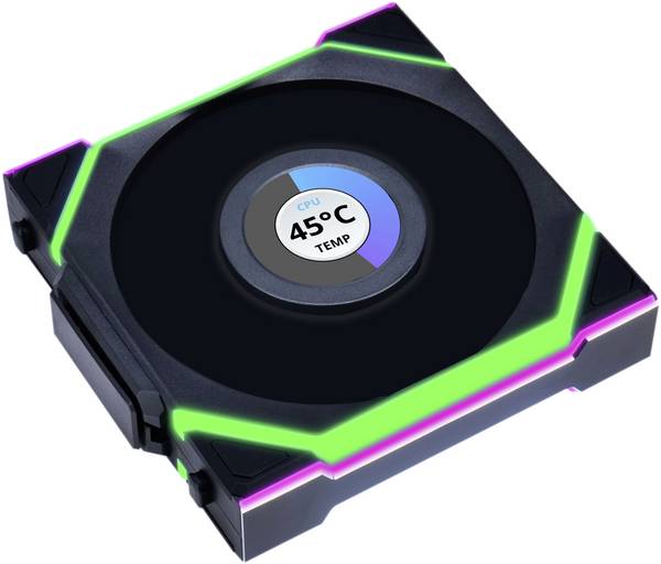 Lian Li Lian Li UNI FAN SL Wireless LCD Lüfter, ARGB, PWM - Reverse Blade, 120 mm PC větrák s krytem černá (š x v x h) 120 x 124.5 x 28 mm