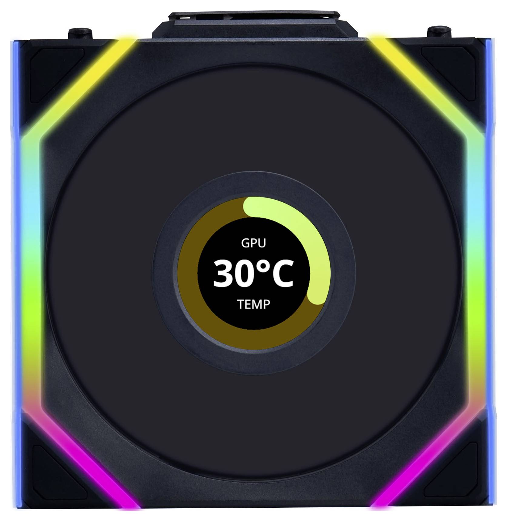Kruhový displej zobrazuje 'GPU 30°C TEPLOTA' a barevné pruhy v rozích.