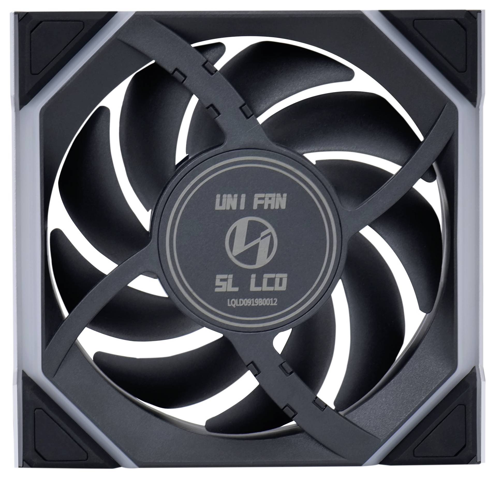 Čtvercový větrák skříně s rotujícím černým ventilátorem. Na centrálním krytu je napsáno 'UNI FAN SL LCD'.