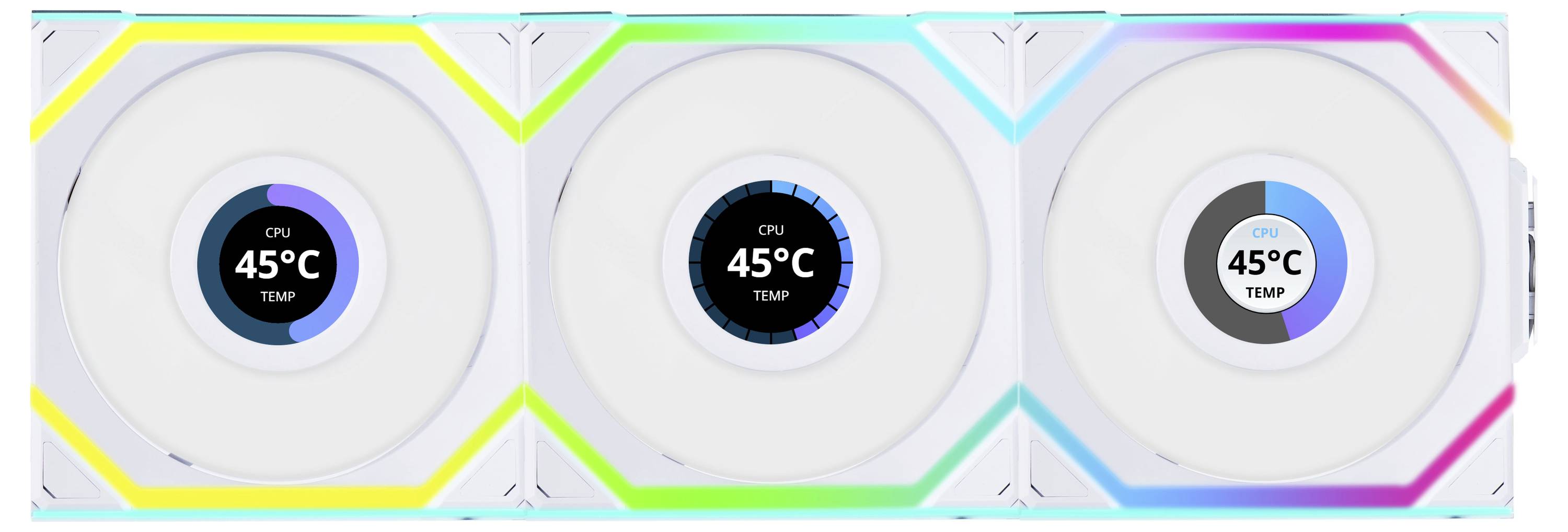 Tři počítačové ventilátory v řadě s barevnými LED osvětlením, přičemž každý zobrazuje '45°C TEPLOTA CPU' na centrálním displeji.