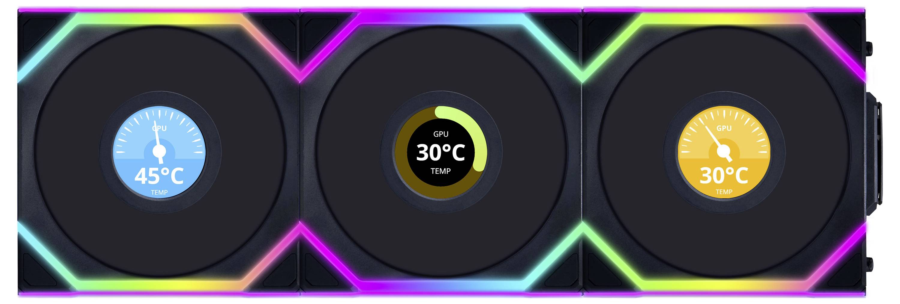 Tři ventilátory s teplotními ukazateli: vlevo '45°C TEPLOTA', uprostřed '30°C TEPLOTA' pro GPU, vpravo '30°C TEPLOTA'. Jsou osvětleny barevnými LED diodami.