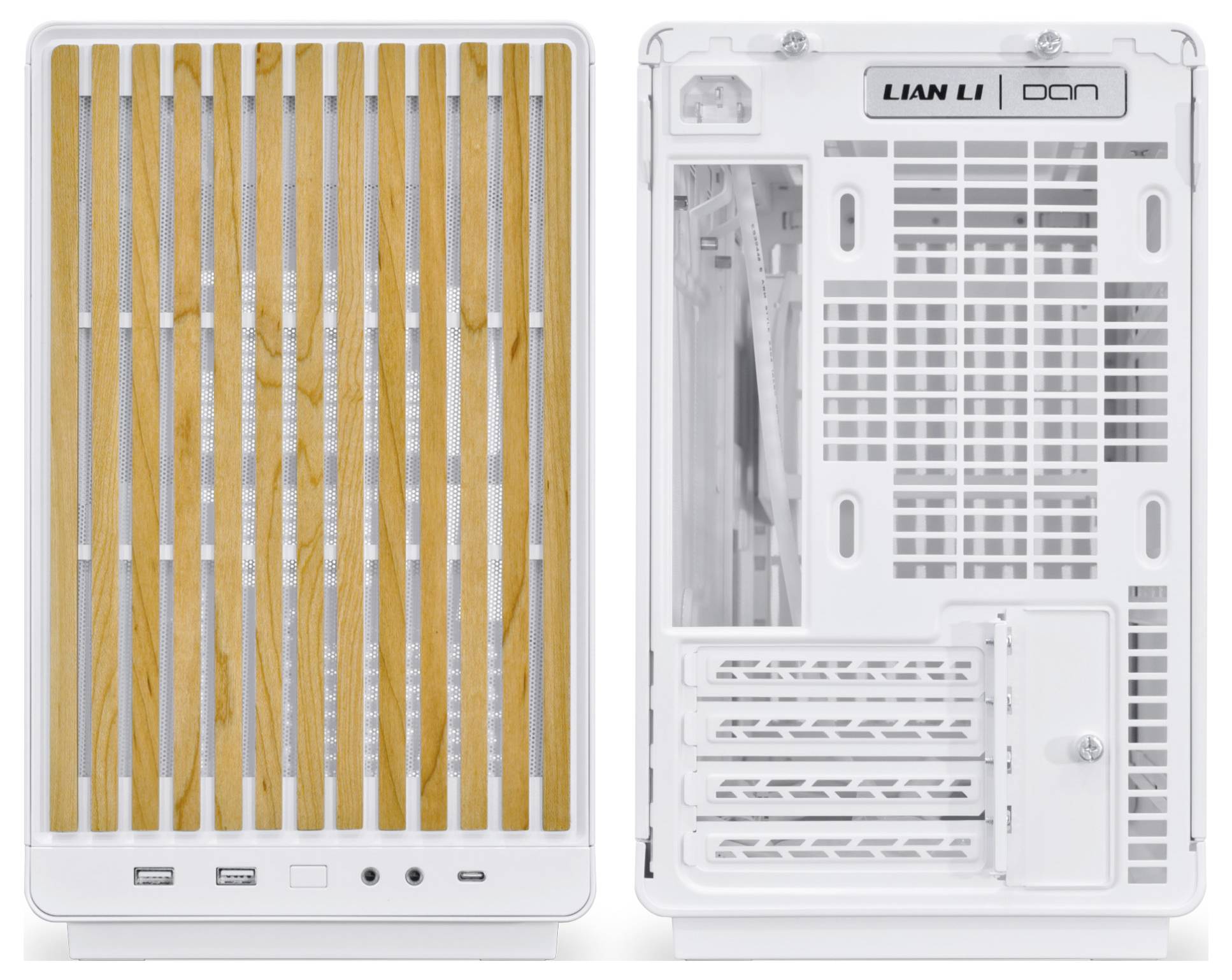 Skříň Lian Li PC-O11 Dynamic Mini Snow Edition je počítačová skříň s moderním, bílým designem s dřevěnými akcenty na přední straně. Vlevo jsou umístěny konektory.