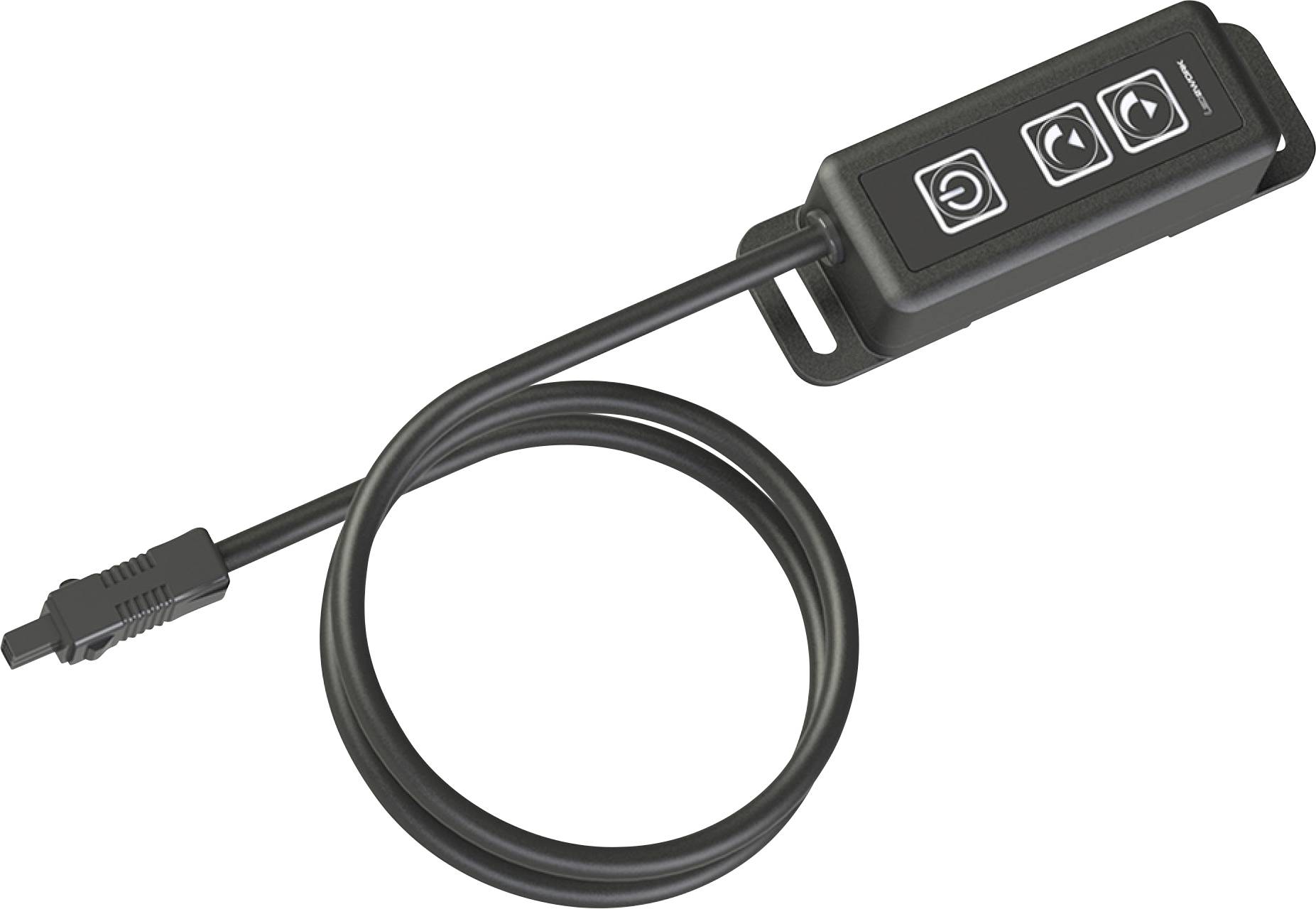 Černý kabel s obdélníkovým ovládacím panelem. Tři tlačítka zobrazují symbol napájení, šipku v kruhu a dva protisměrné šipky.