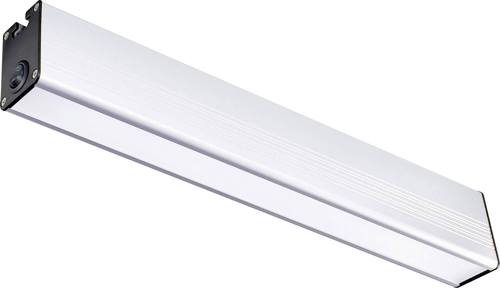 LED světelná lišta v obdélníkovém tvaru ze stříbřitého kovu s černým zakončením, určená pro použití v průmyslových nebo komerčních prostorách.