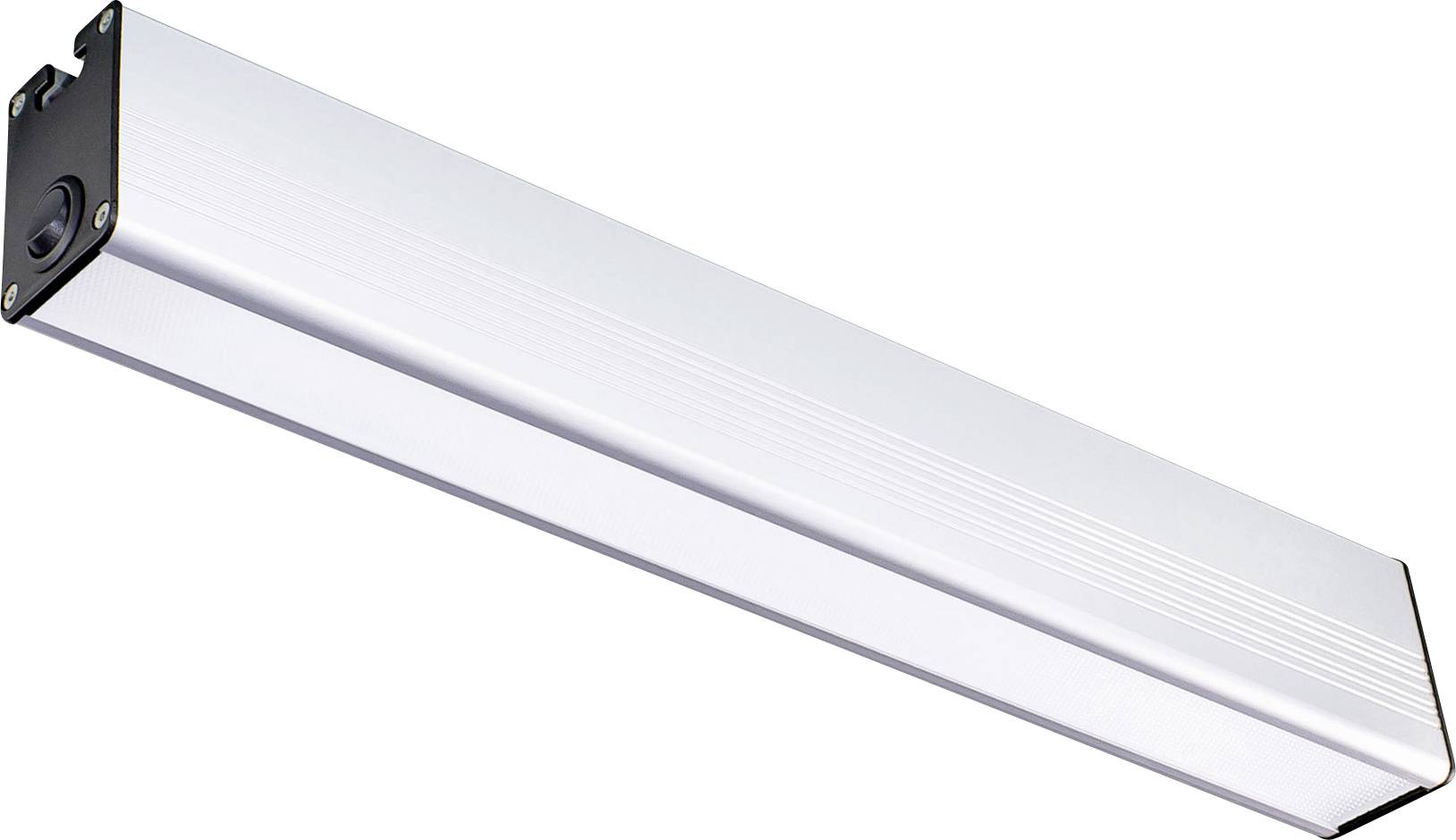 Podlouhlá bílá LED světelná lišta s černými koncovkami, vhodná pro osvětlení interiéru.
