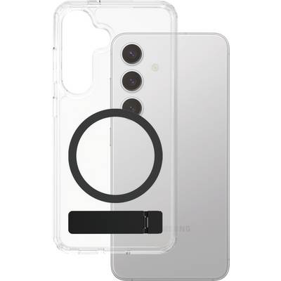 Mobilní telefon s trojitým fotoaparátem a průhledný ochranný kryt s černým magnetickým kroužkem leží vedle sebe.