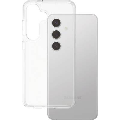 Smartphone se třemi objektivy a průhledným ochranným pouzdrem. Zařízení je orientováno zadní stranou.