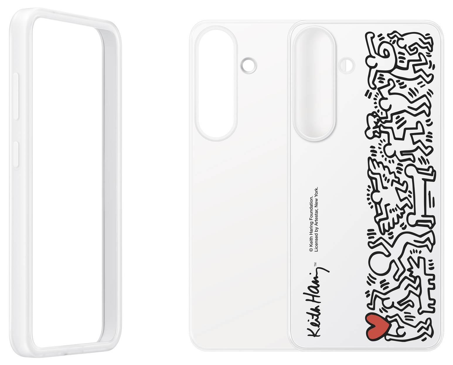 Obal na telefon s uměním Keitha Haringa: bílý obal s tančícími postavami a červeným srdcem. Vlevo pohled zezadu na prázdný obal.