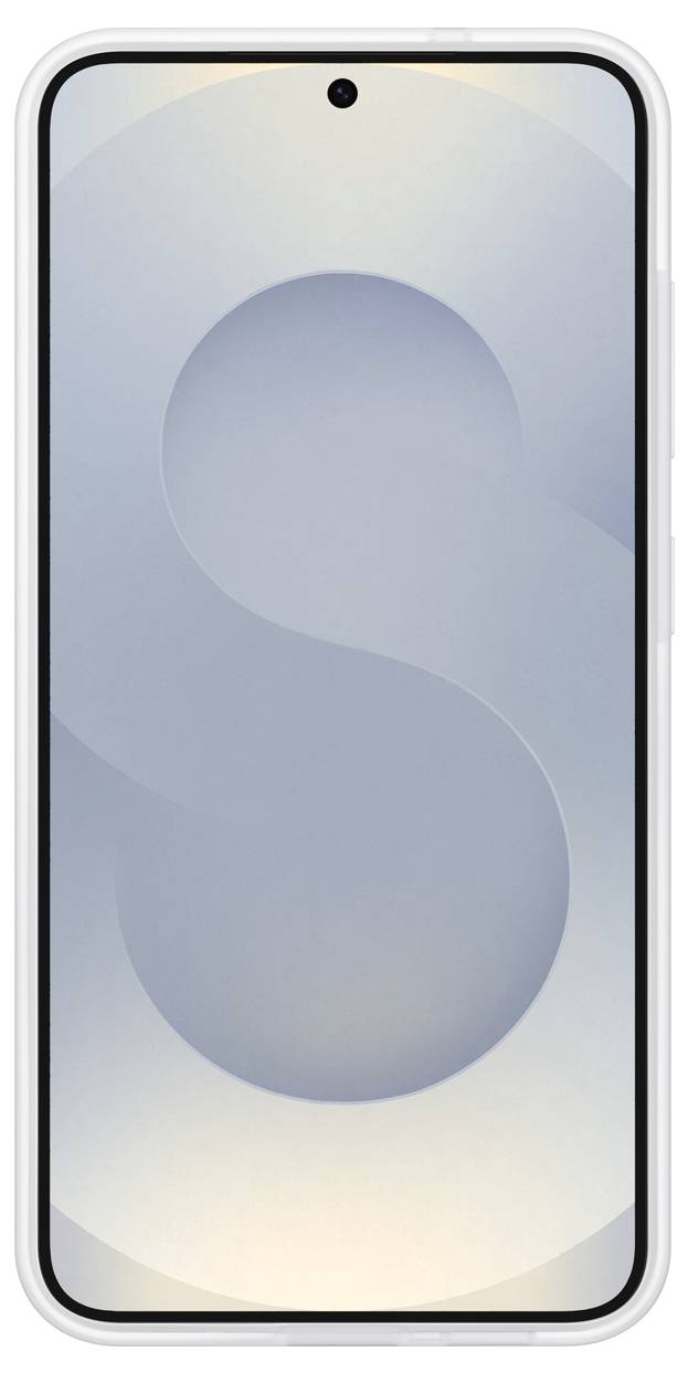 Smartphone s obrazovkou, na které je vidět modro-šedý vzor ve tvaru písmene S.