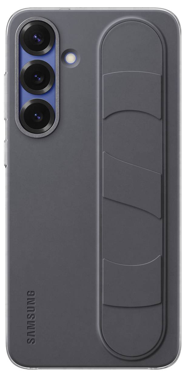Smartphone Samsung s šedým zadním krytem, třemi objektivy fotoaparátu v levém horním rohu a vertikálním úchytem uprostřed.