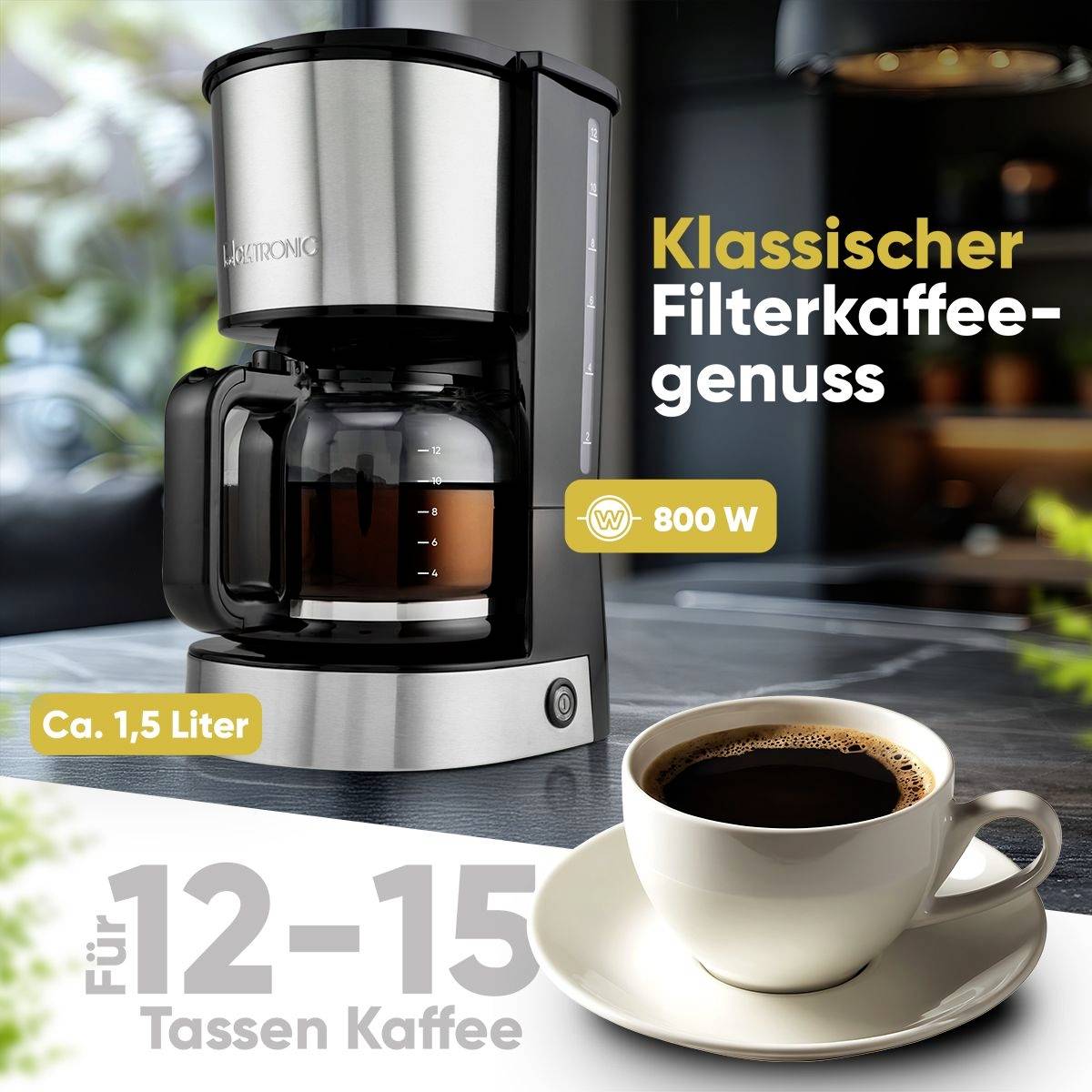 Kávovar se skleněnou konvicí, kapacita 1,5 litru, 800 W. Text: 'Klasický filtrovaný požitek z kávy', 'Pro 12-15 šálků kávy'.