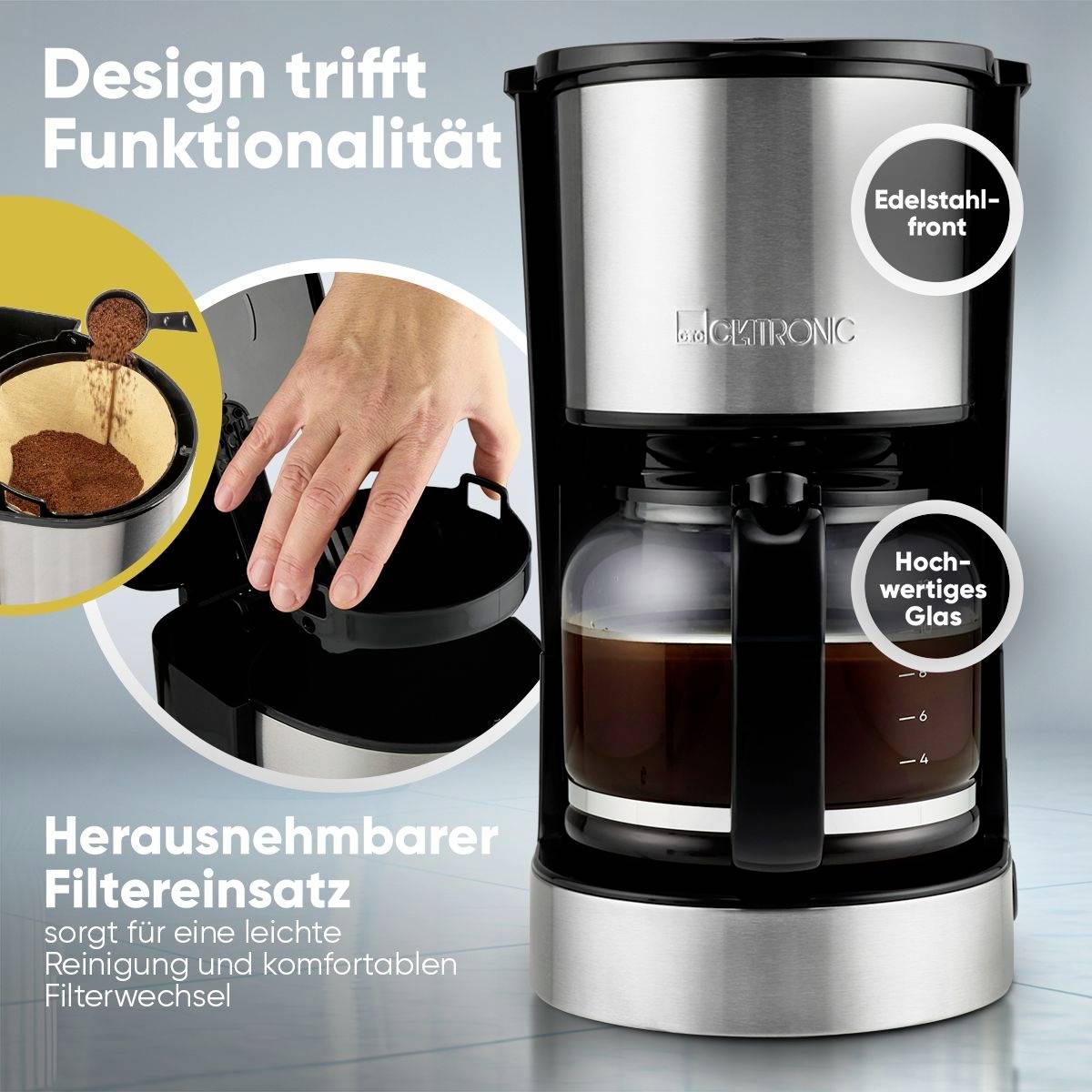 "Design potkává funkcionalitu": Kávovar s přední stranou z nerezové oceli a skleněnou konvicí. Vyjímatelný filtrový koš pro snadné čištění.