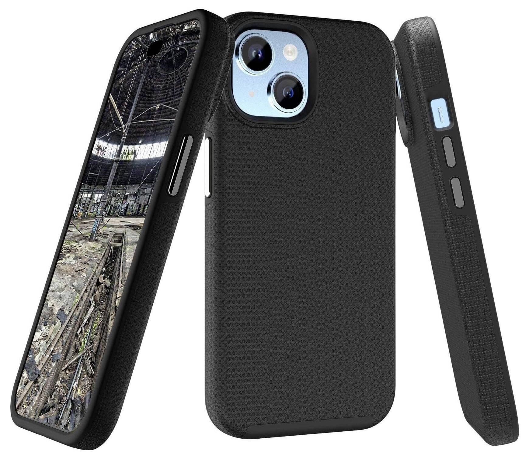 Tři pohledy na černý smartphone kryt: zadní strana, přední strana s displejem a boční pohled s tlačítky.