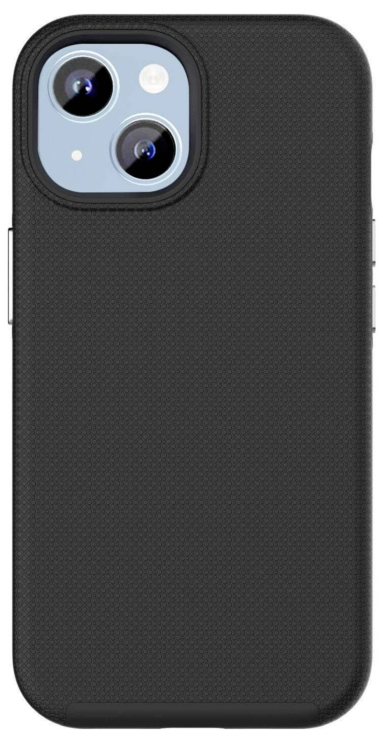 Mobilní telefon s černým ochranným pouzdrem, dvěma fotoaparáty a bleskem na zadní straně.