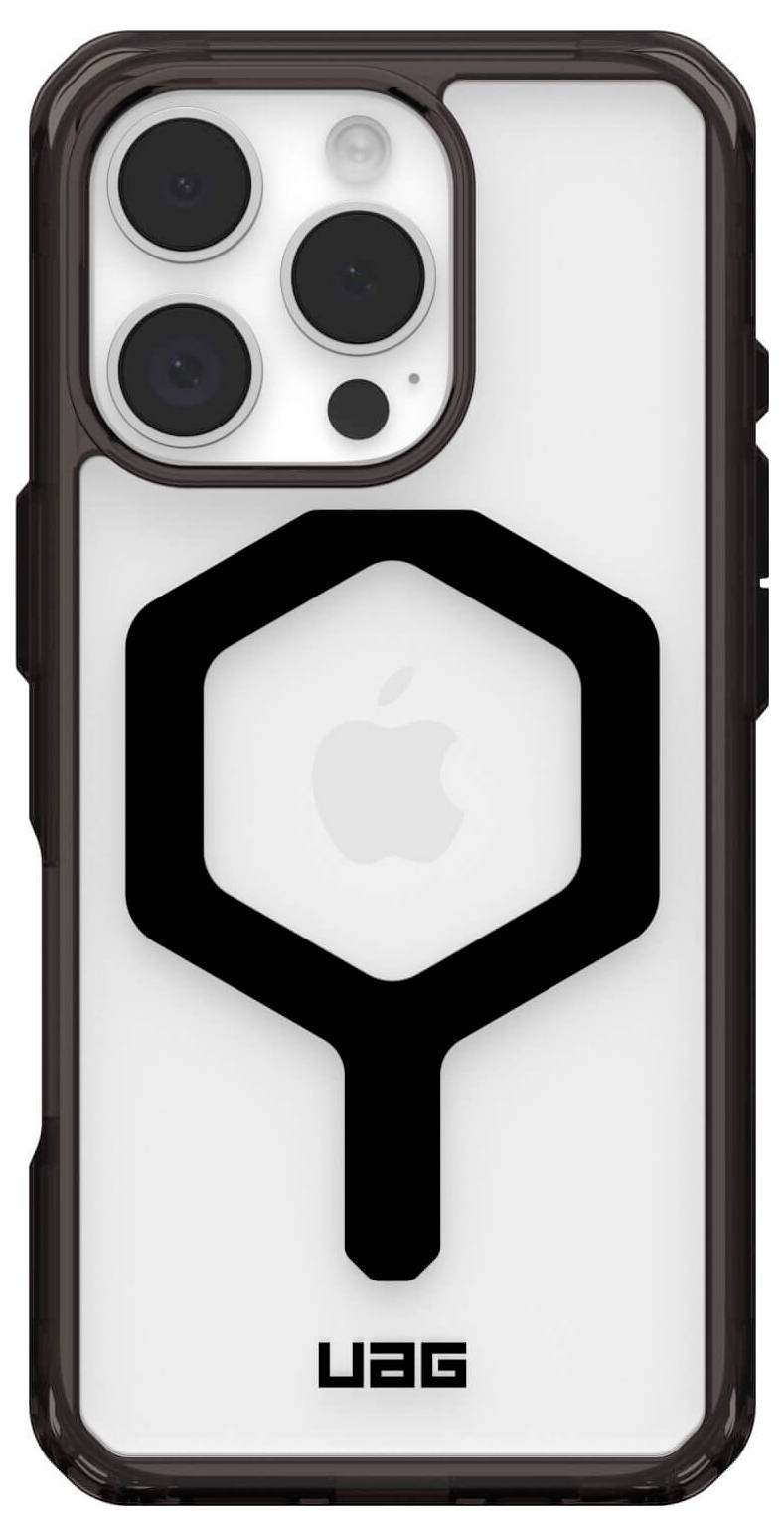 Ochranný kryt na smartphone s černým geometrickým designem a výraznými výřezy pro fotoaparát. Logo UAG vytištěno dole.