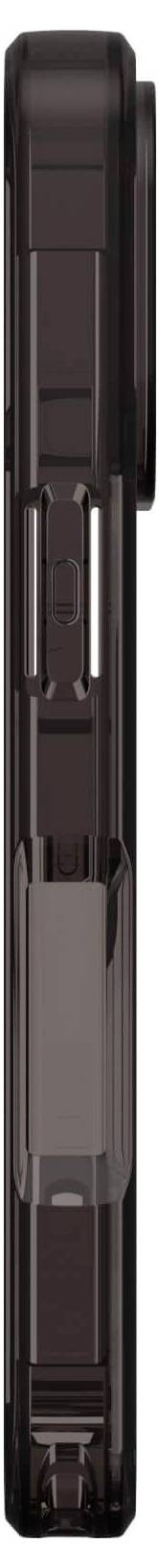 Boční pohled na tmavohnědý, obdélníkový obal s výřezy a detaily.