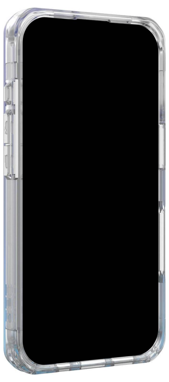 Průhledný obal na smartphone s tmavým vnitřkem. Obal ukazuje zadní stranu a boční pohled.