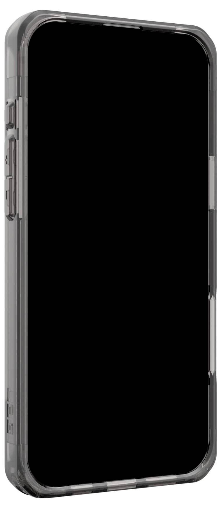Černý smartphone s průhledným ochranným pouzdrem, pohled z boku s tlačítky.