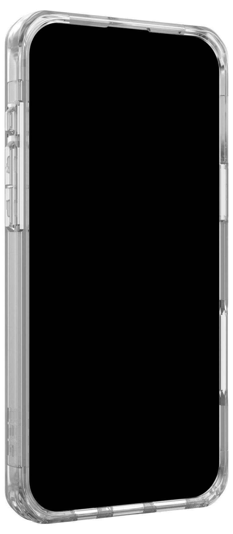 Moderní smartphone s průhledným ochranným pouzdrem. Obrazovka je vypnutá a zobrazuje černou plochu.