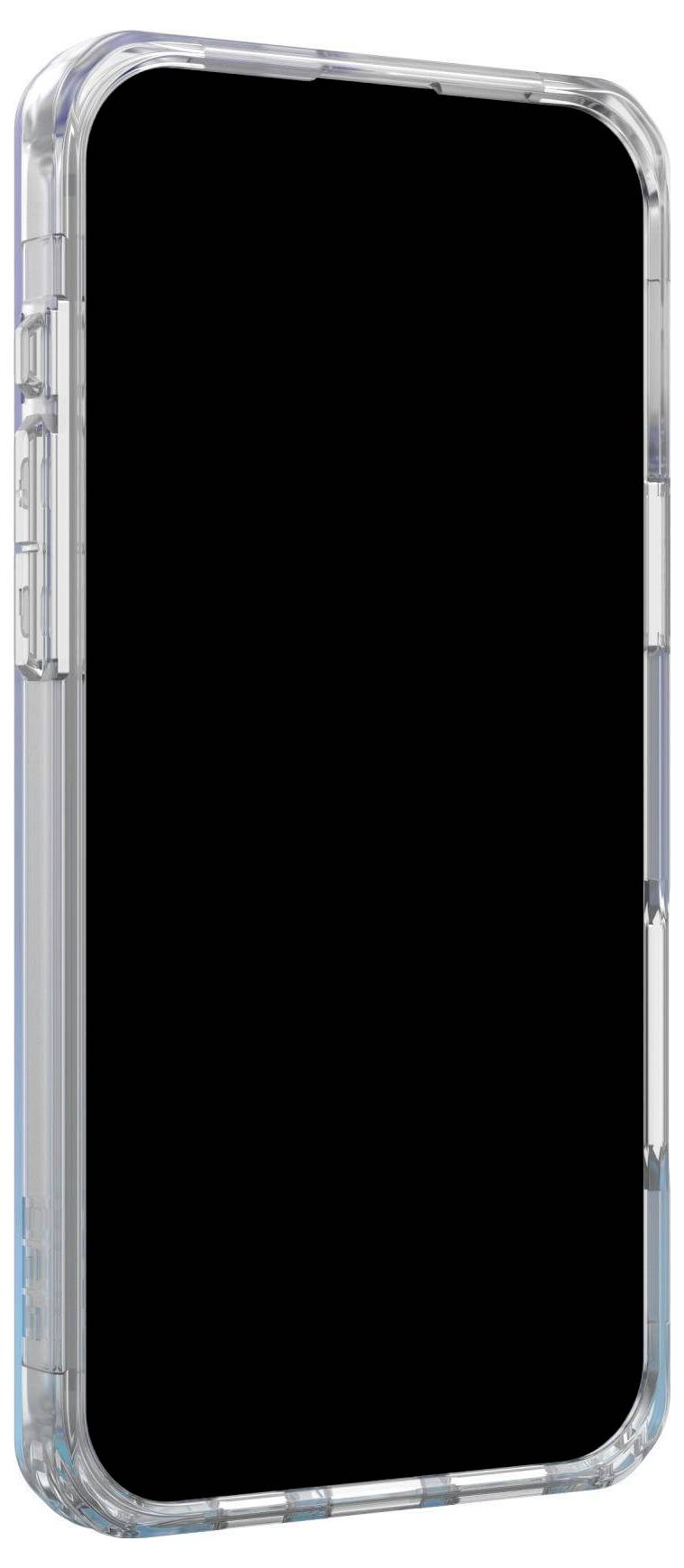 Mobilní telefon s průhledným plastovým krytem je zobrazen z boku. Displej je černý a není aktivovaný.