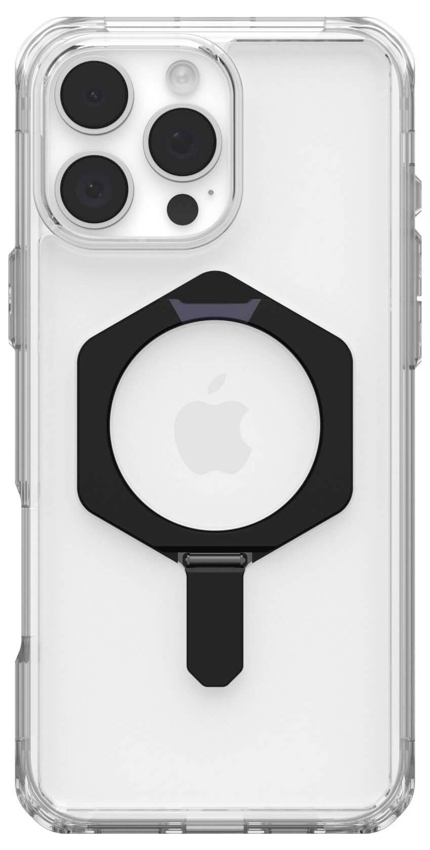 Průhledný mobilní kryt s černým MagSafe držákem, zadní strana moderního smartphonu viditelná.