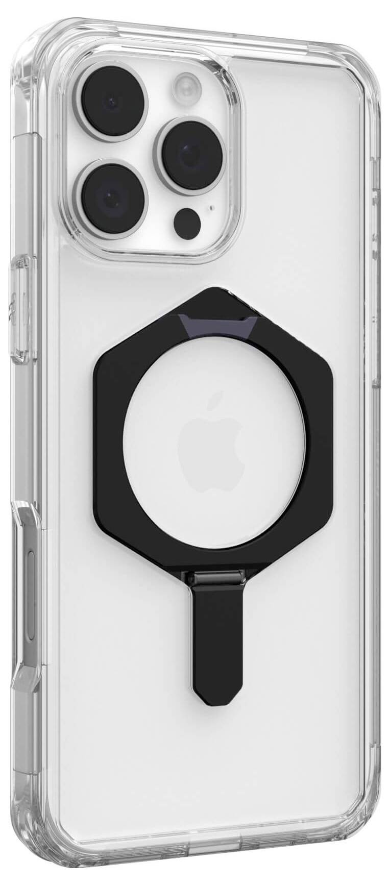 Průhledný obal na mobilní telefon s černým osmihranným magnetickým kroužkem. Zadní strana smartphonu je viditelná.