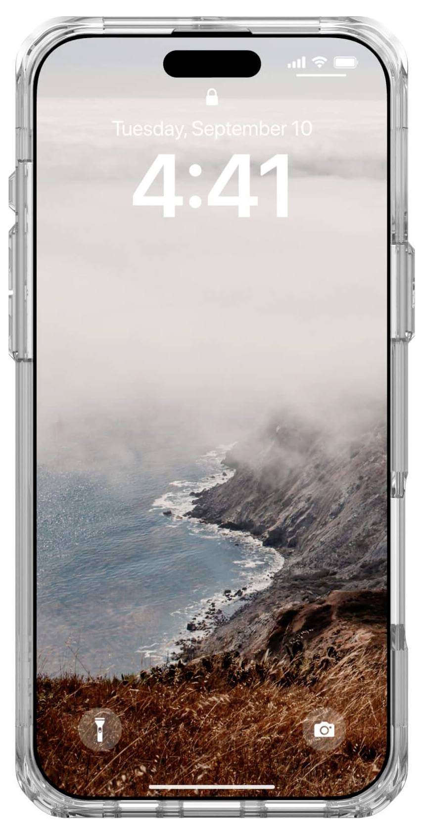 Smartphone zobrazuje čas 4:41, datum 'Úterý, 10. září', v pozadí mlhavý pohled na pobřeží.